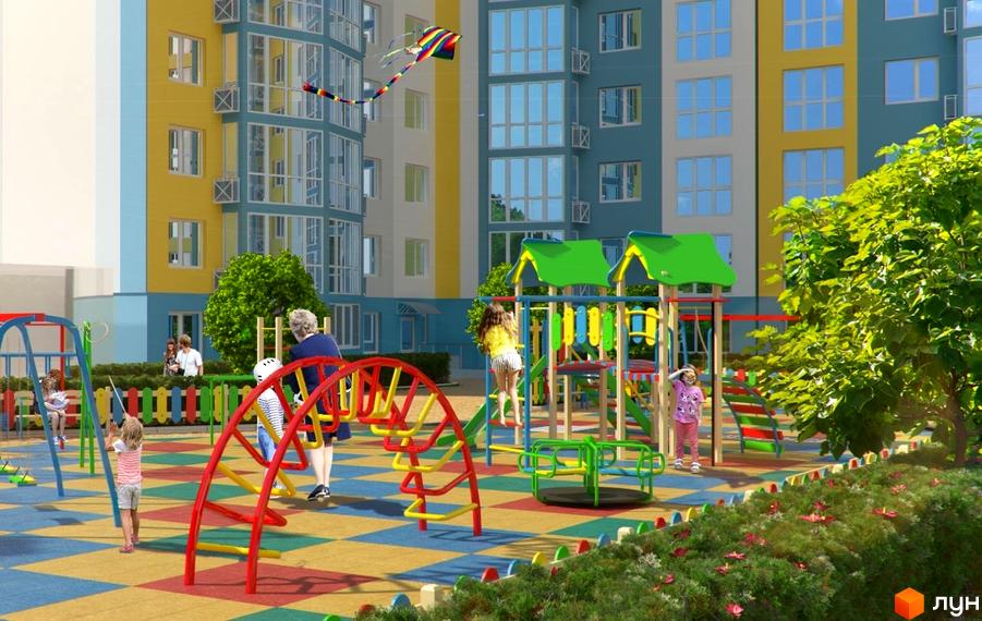 Будівельний проєкт Welcome Home на Ревуцького. Дитячий майданчик біля багатоповерхових будинків з яскравим фасадом.