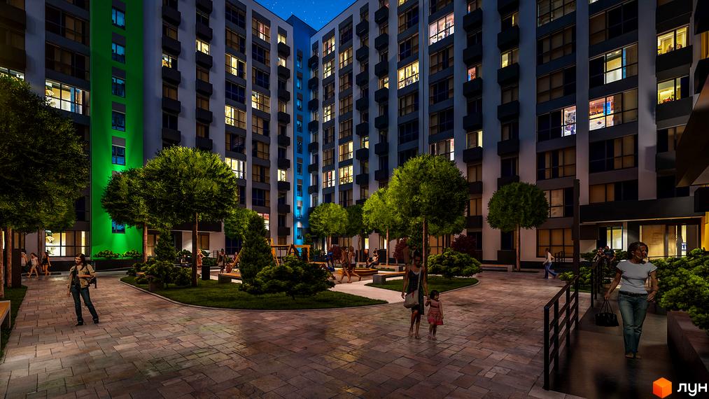 Зображення сторінки житлового комплексу BARVY. Високі будинки з великою кількістю вікон, в дворі зелені насадження, дитячий майданчик та люди.