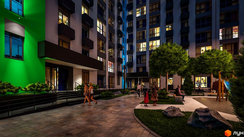 Житловий комплекс BARVY: фасади будівель з яскравим зеленим акцентом та затишна прибудинкова територія з деревами та зонами відпочинку.