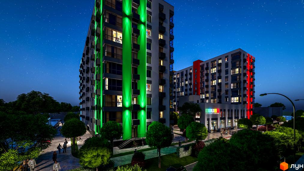 Високі будинки ЖК BARVY з яскравим зеленим та червоним підсвічуванням на фасаді. На прибудинковій території зелені насадження та освітлення.