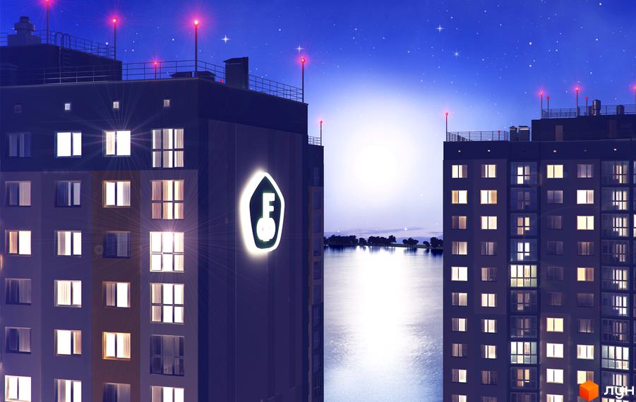 Нічний вигляд житлового комплексу Welcome Home на Ревуцького з підсвіченим логотипом та вікнами. Навколо будівлі видно місяць та зірки на небі.