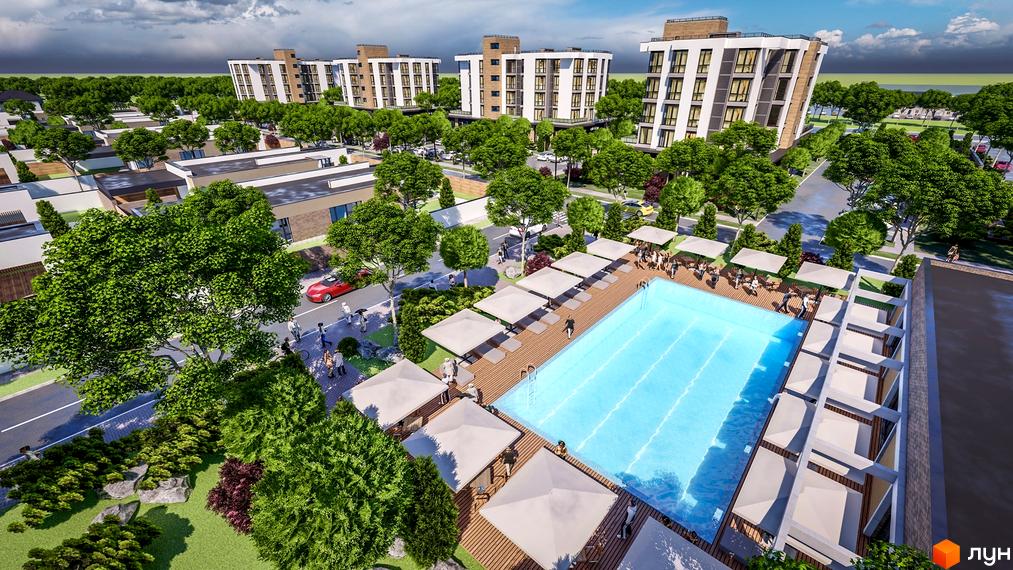 Житловий комплекс Comfort City GREEN PARK з білими багатоповерховими будинками та великим басейном, оточений зеленими насадженнями.