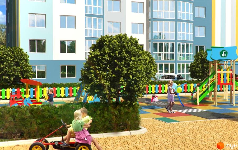 Житловий комплекс Welcome Home на Ревуцького: багатоповерховий будинок з блакитними та білими фасадами, дитячий майданчик з різнокольоровими елементами та зелені насадження.