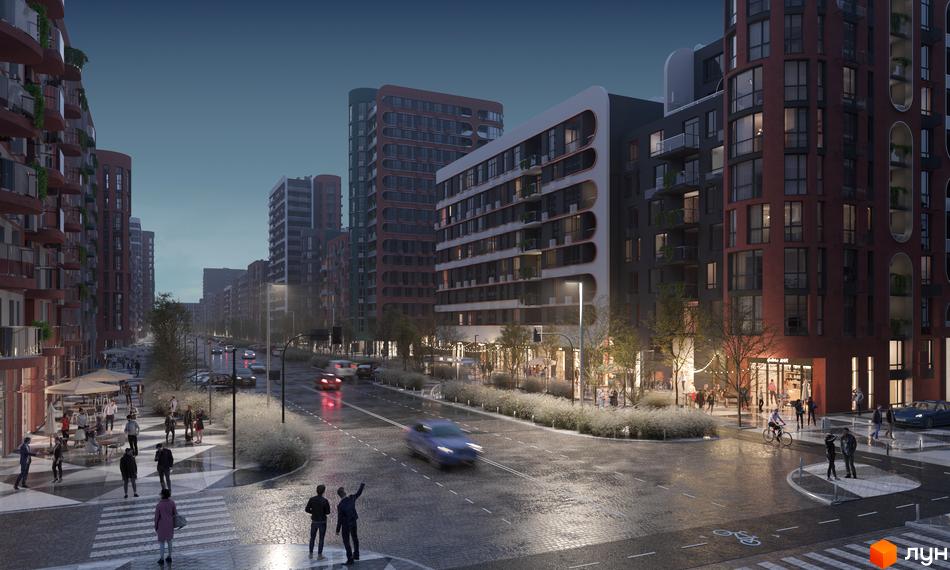 Житловий комплекс Respublika з будинками темно-червоних та сірих відтінків, що мають вигнуті фасади. Прибудинкова територія включає освітлену вулицю та пішохідні зони з кафе.