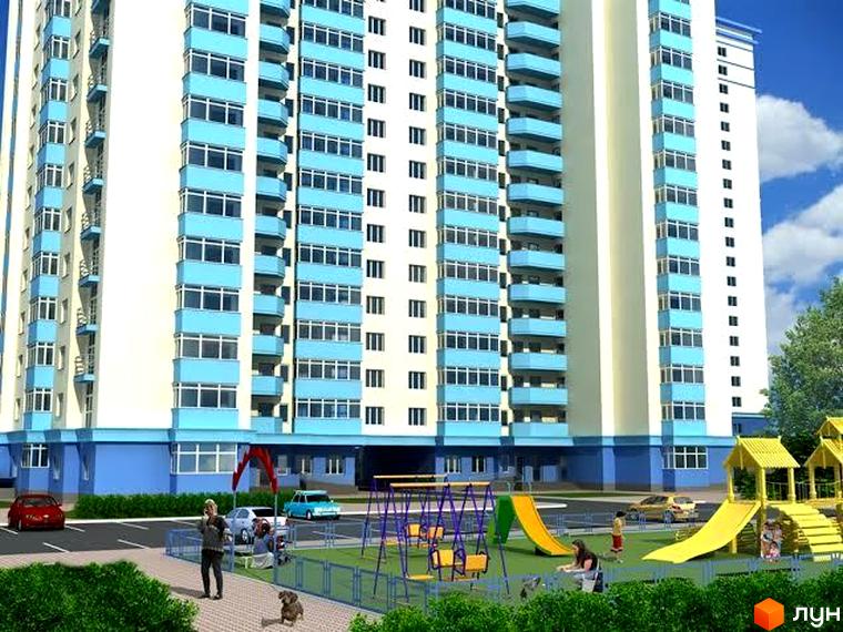 Житловий комплекс Деміївка - висотна новобудова з блакитними балконами. На прибудинковій території дитячий майданчик та зони відпочинку.
