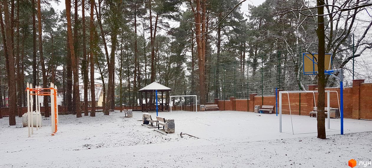 Житловий комплекс Грінвуд взимку. Спортивний майданчик з турніками, футбольними воротами та баскетбольним щитом, покритий снігом. Навколо високі дерева.