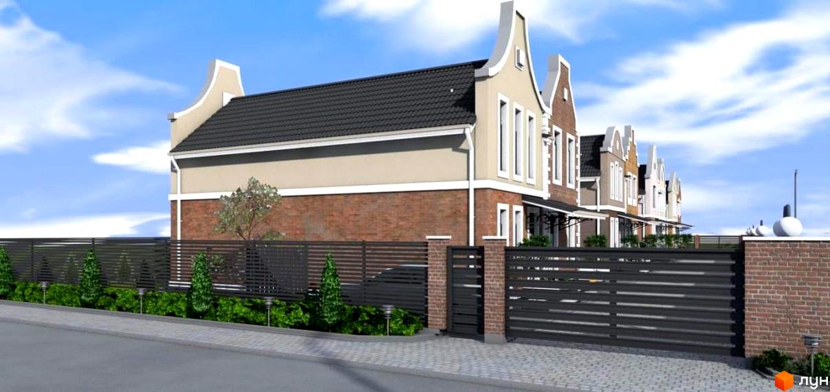 Дуплекси Lucky Home: фасади будинків з цегляною кладкою та білими елементами, огороджена територія з парканом та зеленими насадженнями.