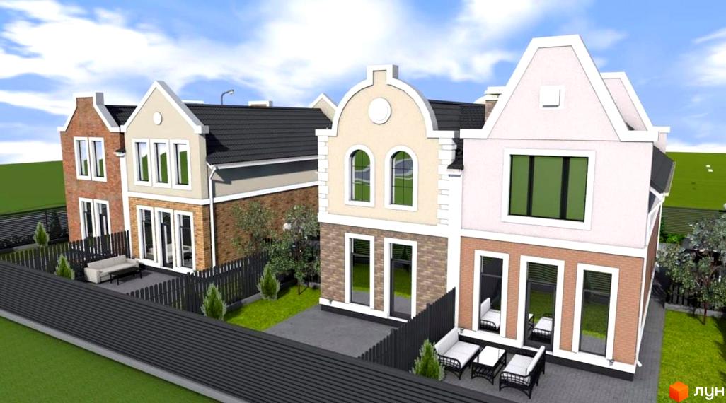 Дуплекси Lucky Home: чотири будинки з цегляними та світлими фасадами, різними формами фронтонів та вікон. Прибудинкова територія має газони та огорожі.