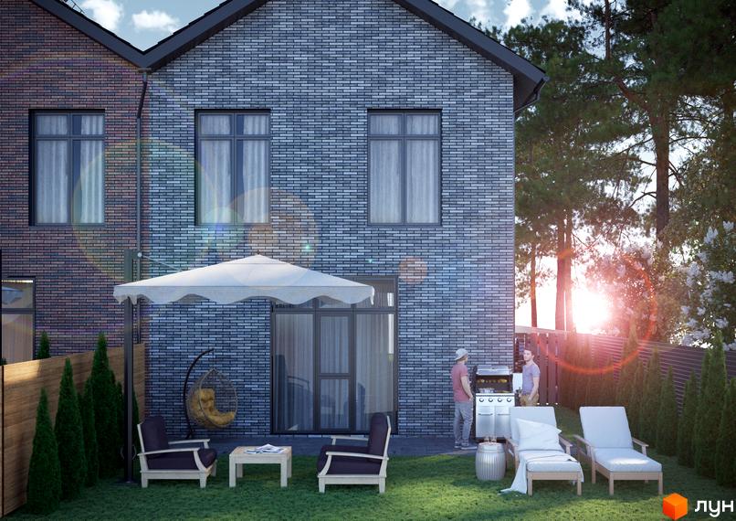 КМ SIB Home 2: двоповерховий будинок з сірої цегли з панорамними вікнами та прибудинковою територією з зоною барбекю та місцями для відпочинку.