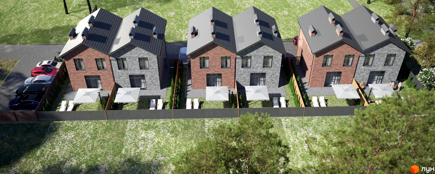 Зовнішній вигляд будинків КМ SIB Home 2 з цегляним фасадом та прибудинковою територією з газоном, парасолями та шезлонгами. Огляд котеджного містечка.