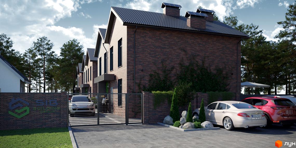 Котеджне містечко КМ SIB Home 2 - цегляні будинки з темним дахом та парканом з логотипом проєкту. Територія огороджена, є парковка з автомобілями та зелені насадження.