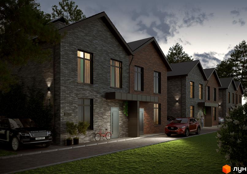 Котеджне містечко КМ SIB Home 2. Фасади будинків оздоблені цеглою, поруч розташовані автомобілі та зелений газон.