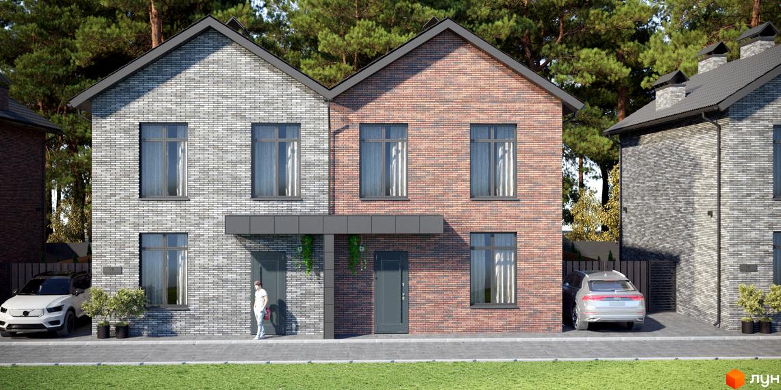 Котеджне містечко КМ SIB Home 2. Фасад будинку оздоблений цеглою двох кольорів, поруч розташовані автомобілі та зелені насадження.