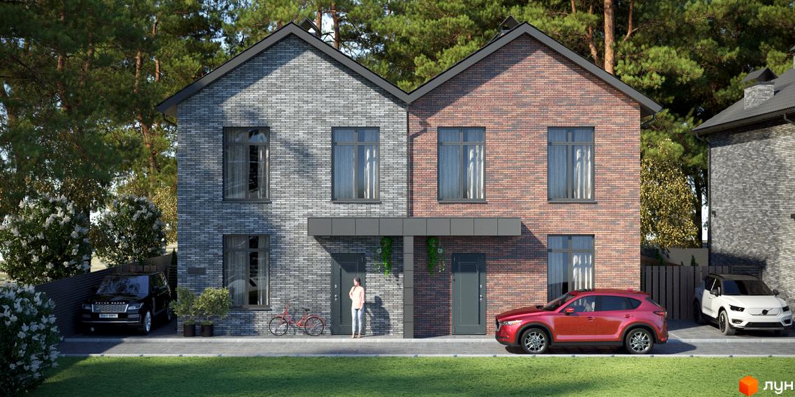 Сучасний котеджний комплекс КМ SIB Home 2 з цегляними фасадами та доглянутою прибудинковою територією. На території розташовані автомобілі та зелені насадження.