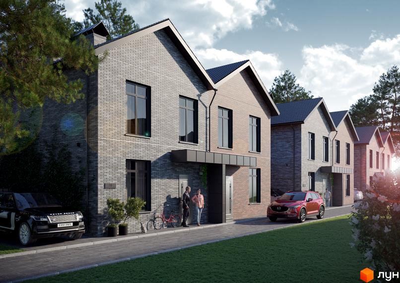 Котеджне містечко SIB Home 2: цегляні будинки з темним дахом та великими вікнами, огороджена територія з газоном та доріжками.