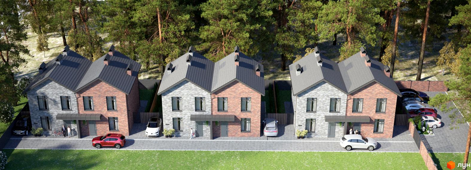 Котеджне містечко КМ SIB Home 2: фасади будинків з цегли та каменю, зелена прибудинкова територія з парковкою.