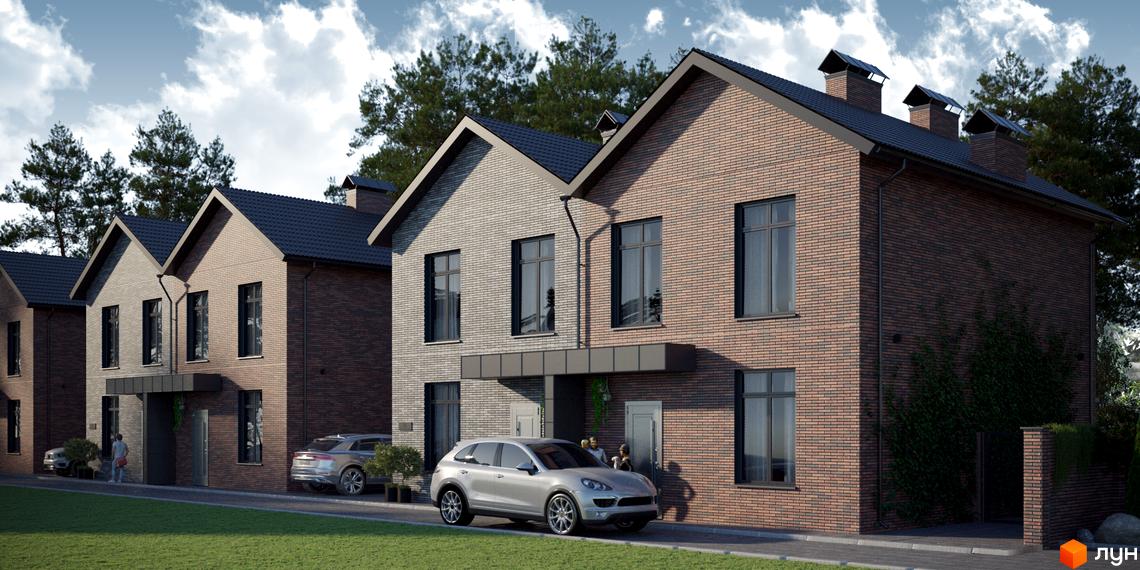 Зовнішній вигляд котеджного містечка КМ SIB Home 2 з цегляними фасадами та прибудинковою територією з автомобілями та зеленими насадженнями.