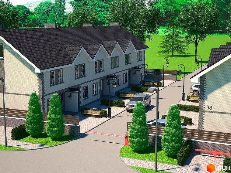 Зовнішній вигляд таунхаусів Зоряний з цегляним фасадом та сірим дахом. Прибудинкова територія з зеленими насадженнями та паркуванням.