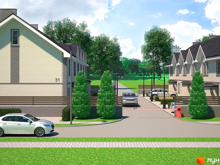 Зовнішній вигляд таунхаусів Зоряний з фасадами з цегли та дерева, огородженою територією та доглянутим ландшафтом. На зображенні видно автомобілі та зелені насадження.