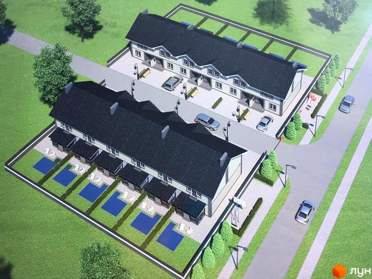 Таунхаус Зоряний: сучасний житловий комплекс з акуратними будиночками та доглянутими подвір'ями з басейнами. На території є дитячий майданчик та паркувальні місця.