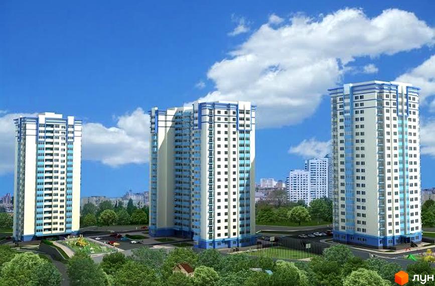 Житловий комплекс Деміївка – три висотних будинки білого кольору з синіми елементами фасаду та прибудинковою територією з дитячим майданчиком та зеленими насадженнями.