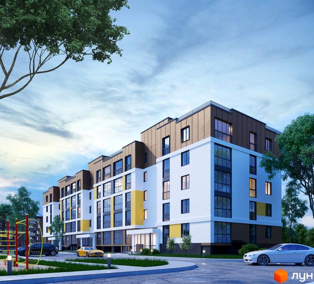 Багатоповерховий будинок з білими, коричневими та жовтими фасадами на вул. Глібова, 6в. Навколо зелені насадження, парковка та дитячий майданчик.