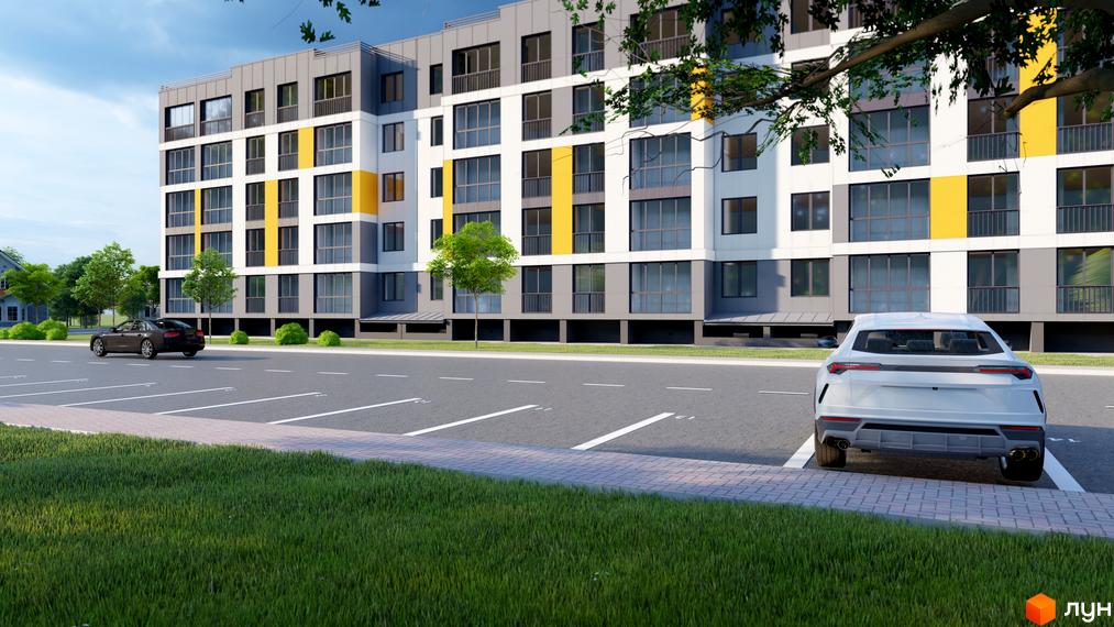 Багатоповерховий житловий будинок з сіро-білим фасадом та жовтими вертикальними вставками. Перед ним дорога з розміткою, тротуар та зелені насадження.