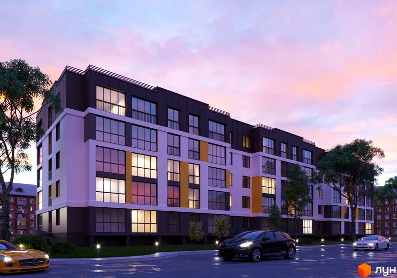 Житловий комплекс на вул. Глібова, 6в з біло-сірим фасадом та жовтими акцентами. Навколо будинку дорога, освітлення та зелені насадження.