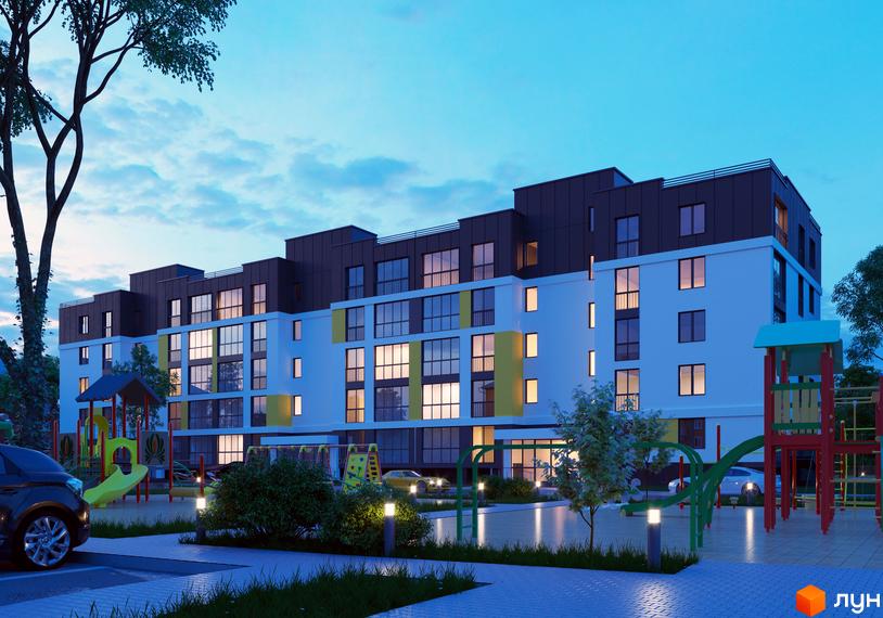 Фасад новобудови на вул. Глібова, 6в, з великими вікнами та балконами, поруч дитячий майданчик та парковка.