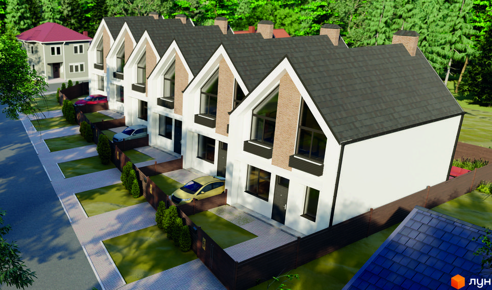 Зовнішній вигляд таунхаусів STONEHILL з білими фасадами та темними дахами, прибудинкова територія з парковками та зеленими насадженнями.