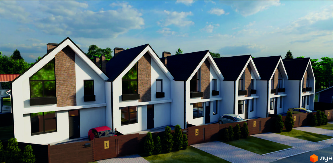 Таунхауси STONEHILL - це низка двоповерхових будинків з двосхилими чорними дахами та білими фасадами, прибудинкова територія з паркомісцями та огорожею.