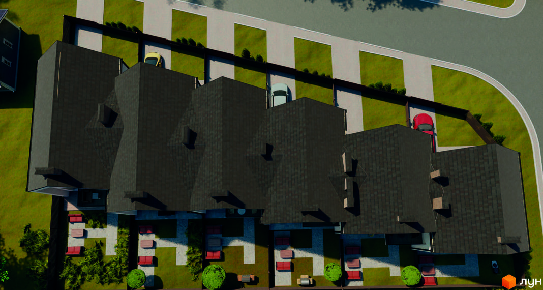 Вид зверху на таунхауси STONEHILL з темними дахами та прибудинковою територією з зонами відпочинку та паркуванням.