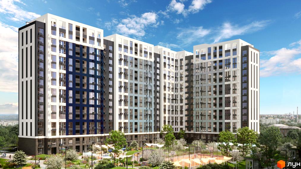 Житловий комплекс SKY AVENUE з біло-синім фасадом та великою кількістю вікон. На прибудинковій території розташовані дитячі майданчики та спортивні зони.