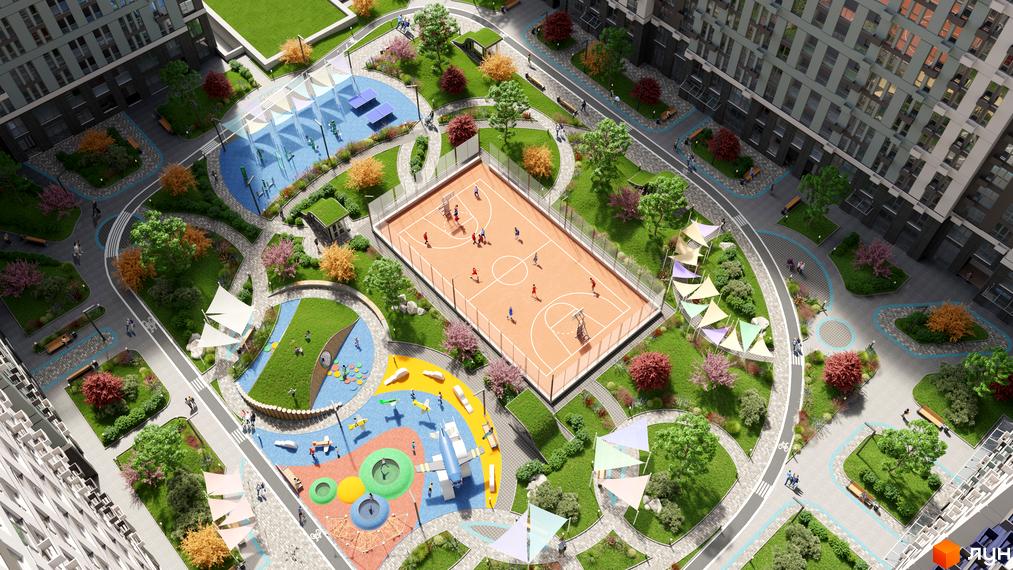 Житловий комплекс SKY AVENUE з баскетбольним майданчиком, дитячим майданчиком та зонами відпочинку. Сучасний дизайн території комплексу з озелененням та пішохідними доріжками.