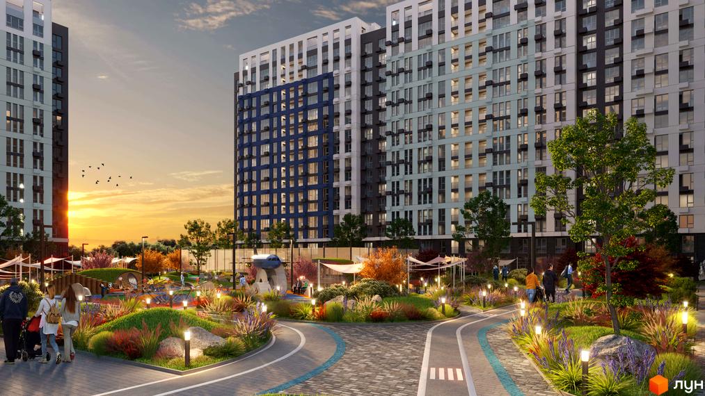 Житловий комплекс SKY AVENUE з яскравим дитячим майданчиком та зоною відпочинку. Сучасні багатоповерхові будинки на фоні заходу сонця.