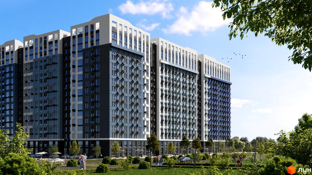 Новобудова ЖК SKY AVENUE з сіро-синім фасадом та білими елементами. Навколо будинку зелена зона з деревами та доріжками для прогулянок.