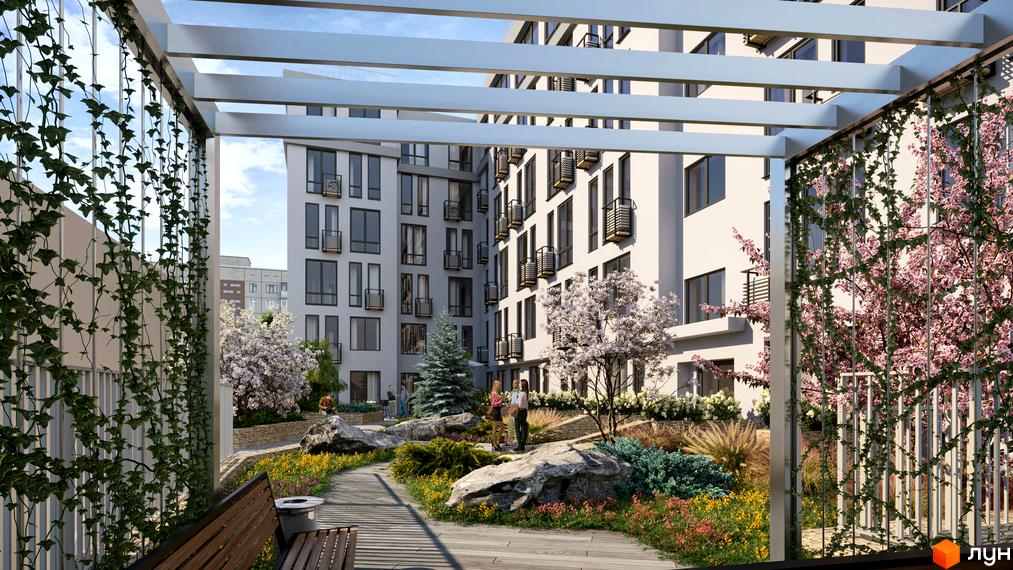 Дохідний дім Salve: світлий багатоквартирний будинок з багатьма вікнами та балконами. Прибудинкова територія має ландшафтний дизайн з деревами, квітами та доріжками.