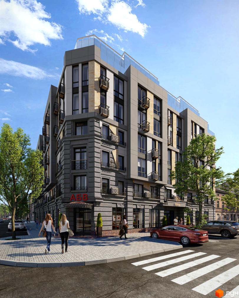 Дохідний дім Salve – багатоповерхова будівля з комбінованим фасадом та великими вікнами. Навколо розташовані дерева, тротуар та пішохідний перехід.