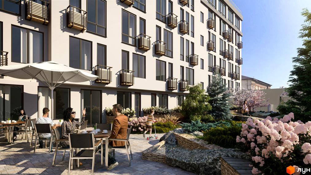 Багатоповерховий будинок Дохідний дім Salve з білим фасадом та декоративними балконами. Поруч вимощена тераса з меблями та озеленена прибудинкова територія.