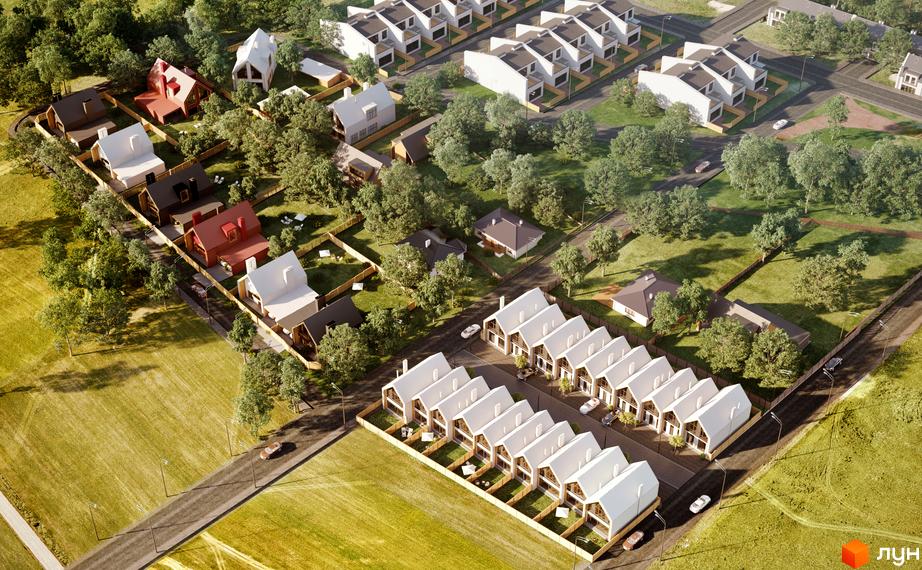 Котеджне містечко КМ Comfort Life Villas - це сучасна забудова з білими будинками та доглянутою прибудинковою територією. На зображенні видно ряди будинків з акуратними ділянками та зеленими насадженнями.