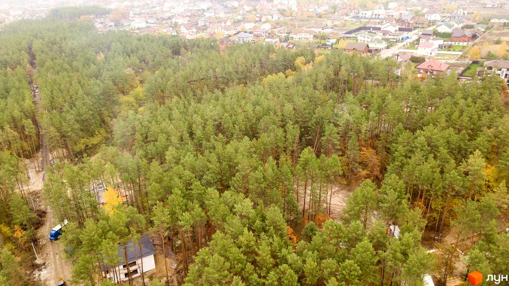 Вид на Котеджне містечко Квітка Полонини з висоти пташиного польоту. На передньому плані густий ліс, на задньому – котеджі.