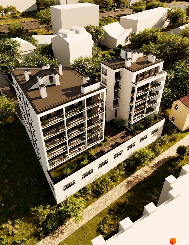 Житловий комплекс з білими фасадами та терасами, розташований серед зелені. На території комплексу є доріжки з бруківки та дерева.