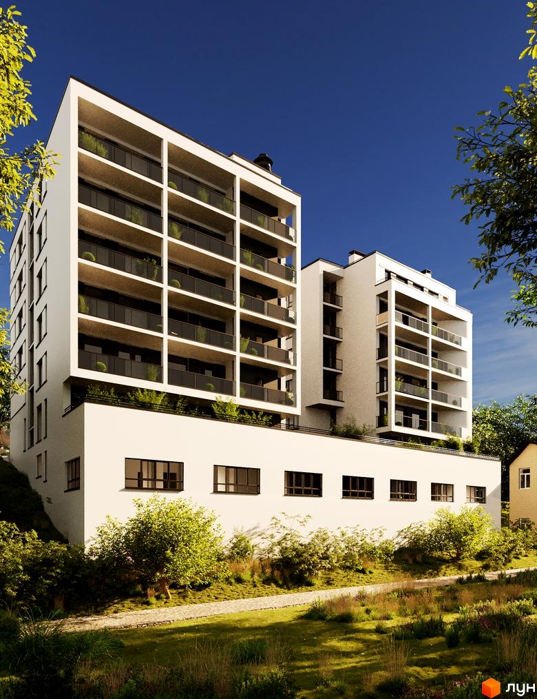 Зображення фасаду новобудови. Білий будинок з великими вікнами та балконами. На прибудинковій території зелені насадження та доріжка.