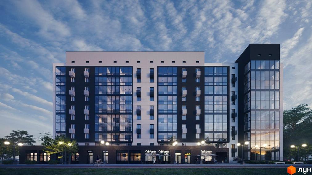 Висотна будівля ЖК Мирний з панорамними вікнами та комерційними приміщеннями на першому поверсі. На прибудинковій території розташовані ліхтарі та зелені насадження.