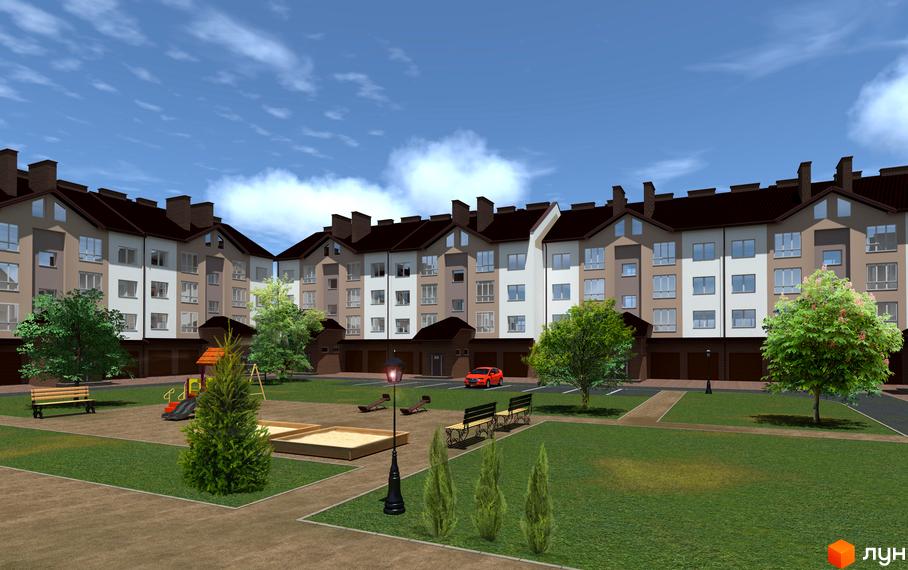 Житловий комплекс на вул. Героїв Крут, 6: фасади будинків з коричневим дахом та біло-бежевими стінами, дитячий майданчик та зелена зона.