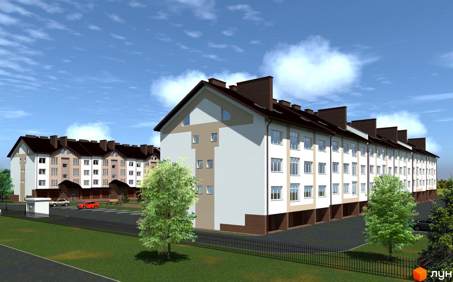 Зовнішній вигляд житлового комплексу на вул. Героїв Крут, 6, з фасадами світлих тонів та темним дахом. Прибудинкова територія з зеленими насадженнями та парковкою.