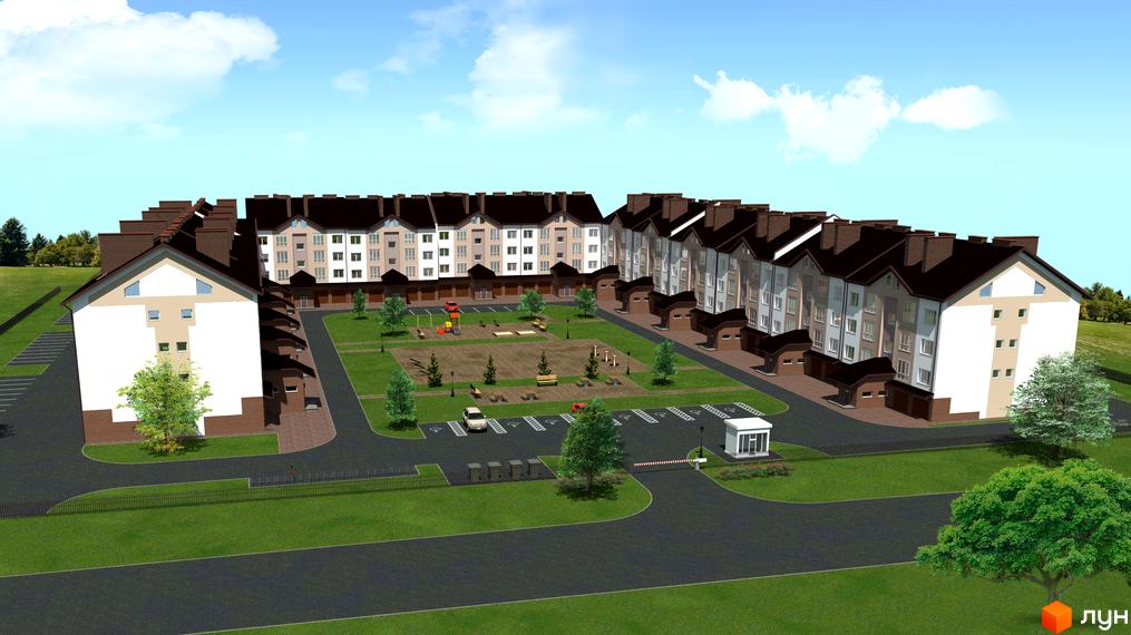 Житловий комплекс на вул. Героїв Крут, 6 з будинками світлих відтінків, коричневими дахами та внутрішнім двором з дитячим майданчиком.