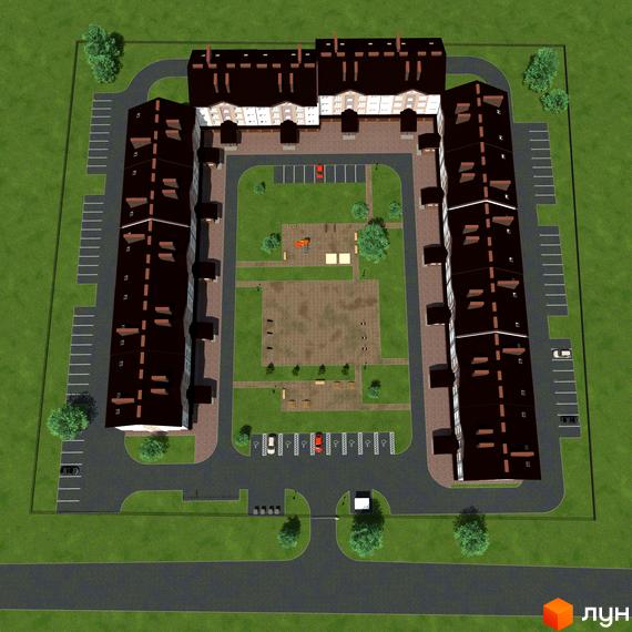 Вид зверху на житловий комплекс на вул. Героїв Крут, 6, з чотирма корпусами, що утворюють внутрішній двір з дитячим майданчиком та парковкою.