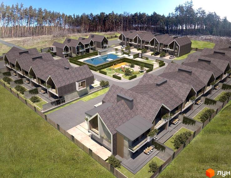 Котеджне містечко KOPYLY CLUB з будинками з похилими дахами та прибудинковою територією з басейном і дитячим майданчиком. Оточене лісом.
