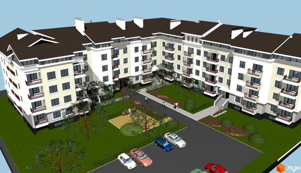 Зображення сторінки ЖК Зелена оаза. Багатоповерховий будинок з балконами, поруч зелена зона з деревами, дитячим майданчиком та парковкою для автомобілів.